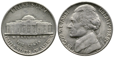 США 5 ЦЕНТОВ 1980 P, ДЖЕФЕРСОН KM А192 медно-никель 76-1012