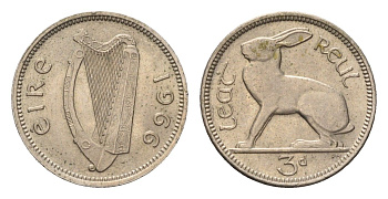Ирландия 3 пенса 1966 заяц KM 12a медно-никель aUNC 4696-464