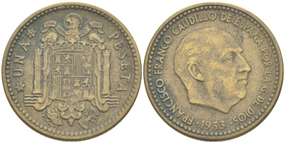 ИСПАНИЯ 1 ПЕСЕТА 1953 (61) ФРАНСИСКО ФРАНКО ДИКТАТОР ИСПАНИИ ( 1939- 1975) KM 775 алюминиевая бронза 216-554