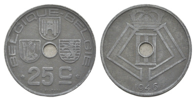 Бельгия 25 сантимов 1946 Belgique - Belgie, Леопольд III (1934-1951), германская оккупация, Вторая мировая война KM 131 цинк 4538-926