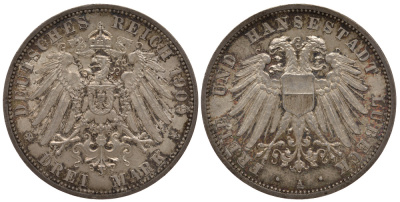 Любек 3 марки 1909 А, Weege 82, J. 82, KM 215 серебро UNC 00-806-31
