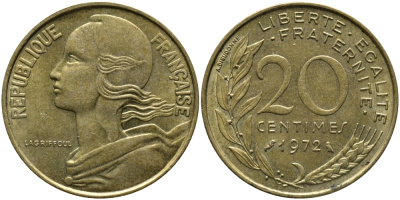 ФРАНЦИЯ 20 САНТИМОВ 1972 KM 930 медь алюминий никель 98-333