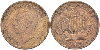 Великобритания 1/2 пенни 1940 Георг VI (1936-1952) KM 844, Spink 4115 бронза 4539-644