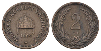 Венгрия 2 филлера 1904 KB, Франц Иосиф I (1848-1916) KM 481 бронза 4659-312