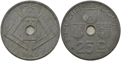Бельгия 25 сантимов 1946 BELGI? - BELGIQUE KM 132 цинк 4132-237