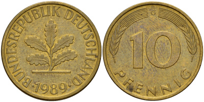 ФРГ 10 пфеннигов 1989 G J. 383, KM 108 сталь плакированная латунью    4603-622
