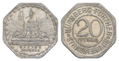 Нюрнберг трамвайный (транспортный) жетон в 20 пфеннигов ND (1920-1921) фонтан Нептун Men05 19256.24, Men18 24102.24 алюминий 4638-312