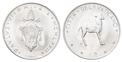 Ватикан 2 лиры 1970 MCMLXX, Павел KM 117 алюминий UNC 4697-1023