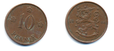 Финляндия 10 пенни 1936 республика (1918-1962) KM 24 медь 51-5526