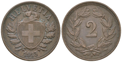 Швейцария 2 раппена 1913 B KM 4 бронза 4189-242