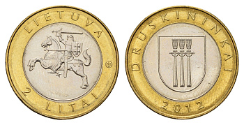 Литва 2 лита 2012 Курорты Литвы - Друскининкай KM 184.1 биметалл UNC 4695-437
