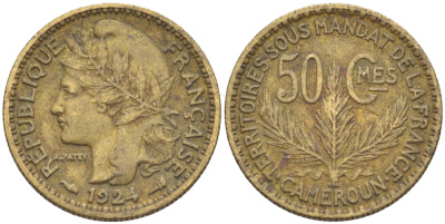 Французский Камерун 50 сантимов 1924 (а), монетный двор Париж KM 1 алюминиевая бронза 71-1517