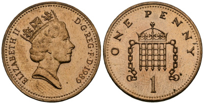 Великобритания 1 пенни 1989 Елизавета II (1952-2022) KM 935, Spink 4381 (B3) бронза 4176-621