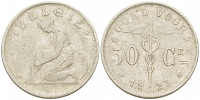БЕЛЬГИЯ 50 САНТИМОВ 1923 BELGIE KM 88 никель 261-1128