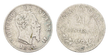 Италия 20 чентезимо 1863 M, Виктор Эммануил II (1861-1878) KM 13.1 серебро 4580-1249