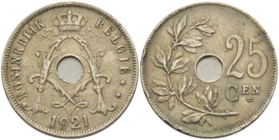 Бельгия 25 сантимов 1921 Belgie, Альберт I (1909-1934) KM 69 медно-никель 119-342