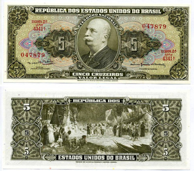 БРАЗИЛИЯ 5 КРУЗЕЙРО 1964 ПОДПИСЬ 14, СЕРИЯ 4341 Pick 176d бумага аUNC 7191-29-3-1