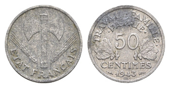 Франция 50 сантимов 1943 Тип Francisque, Lourde, правительство Виши KM 914.1, Le Franc 196.1 алюминий 4630-415