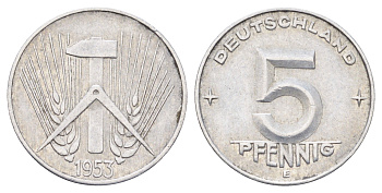 ГДР 5 пфеннигов 1953 E KM 6 алюминий 4697-615