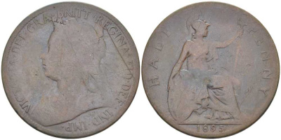 Великобритания 1/2 пенни 1895 Виктория (1837-1901) KM 789, Spink 3962 бронза 117-946