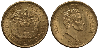 Колумбия 5 песо 1928 KM 204 золото UNC 00-809-62