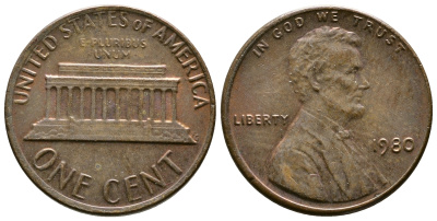 США 1 цент 1980 Авраам Линкольн KM 201 медь цинк    4608-358