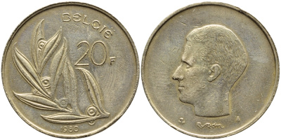 БЕЛЬГИЯ 20 ФРАНКОВ 1980 BELGIE, БОДУЭН I (1951-1993) KM 160 никель бронза 91-515