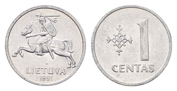 Литва 1 цент (сент) 1991 год-тип KM 85 алюминий 4701-1232