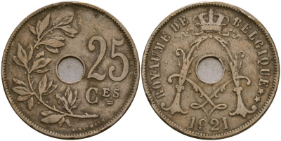 Бельгия 25 сантимов 1921 KM 68 медно-никель 4165-421