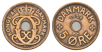 Дания 5 эре 1928 N, Кристиан X (1912-1947) KM 828 бронза 4700-821