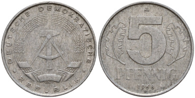 ГДР 5 пфеннигов 1968 A KM 9.1 алюминий 206-816