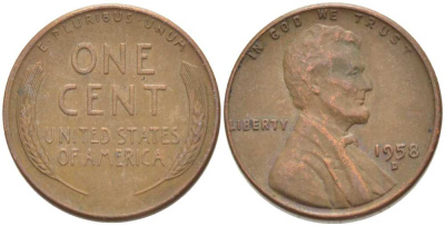 США 1 ЦЕНТ 1958 D, ЛИНКОЛЬН KM А132 медь цинк 218-1044