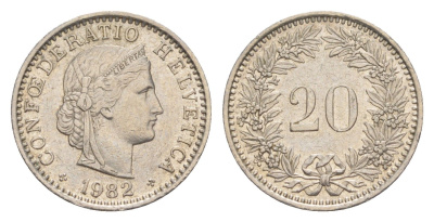 Швейцария 20 раппенов 1982 KM 29a медно-никель 4623-249