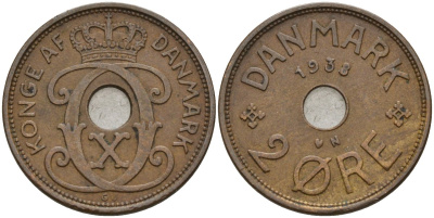 Дания 2 эре 1938 Кристиан X (1912-1947) KM 827 бронза 4147-531