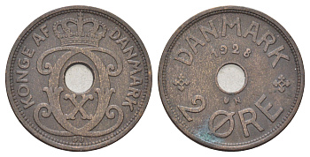 Дания 2 эре 1928 N, Кристиан X (1912-1947) KM 827 бронза 4701-658