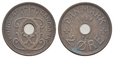 Дания 2 эре 1928 N, Кристиан X (1912-1947) KM 827 бронза 4701-658