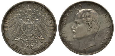 Бавария 3 марки 1910 Отто (1886-1913) Weege 45, J. 47, KM 515 серебро 3711-1621