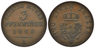 ПРУССИЯ 3 ПФЕННИГА 1868 A, ВИЛЬГЕЛЬМ I (1861-1888) KM 482 медь 186-557