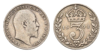 Великобритания 3 пенса 1908 Эдуард VII (1901-1910) KM 797.2, Spink 3984 серебро 4174-1057