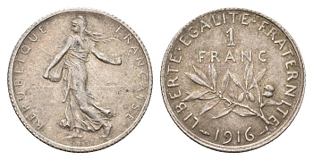 Франция 1 франк 1916 KM 844 серебро 51-2345