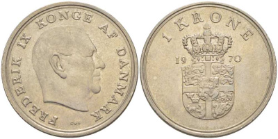 ДАНИЯ 1 КРОНА 1970 C;S, ФРЕДЕРИК IX (1947-1972) KM 851.1 медно-никель 202-822