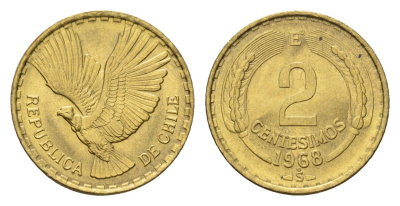 Чили 2 сентесимо 1968 KM 193 алюминиевая бронза UNC 4689-123