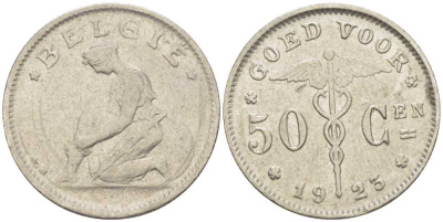 БЕЛЬГИЯ 50 САНТИМОВ 1923 BELGIE, АЛЬБЕРТ I (1909-1934) KM 88 никель 206-112
