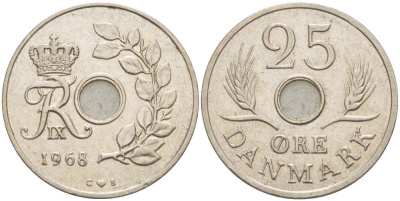 Дания 25 эре 1968 С;S, Фредерик IX (1947-1972) KM 855.1 медно-никель 4551-1253