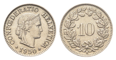 Швейцария 10 раппенов 1950 B KM 27 медно-никель UNC 4705-854