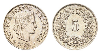 Швейцария 5 раппенов 1928 B KM 26 медно-никель 4705-1223