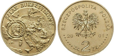 Польша 2 злотых 2001 MW, янтарный путь KM 410 нордик  UNC  4521-1022