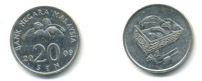 Малайзия 20 сенов 2009 цветок KM 52 медно-никель 176-1024