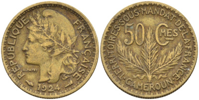 Французский Камерун 50 сантимов 1924 (а), монетный двор Париж KM 1 алюминиевая бронза 4164-1164