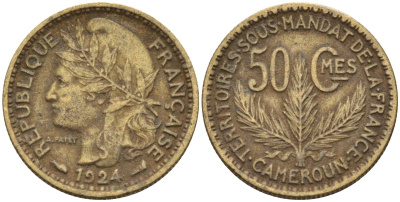 Французский Камерун 50 сантимов 1924 (а), монетный двор Париж KM 1 алюминиевая бронза 4164-1169